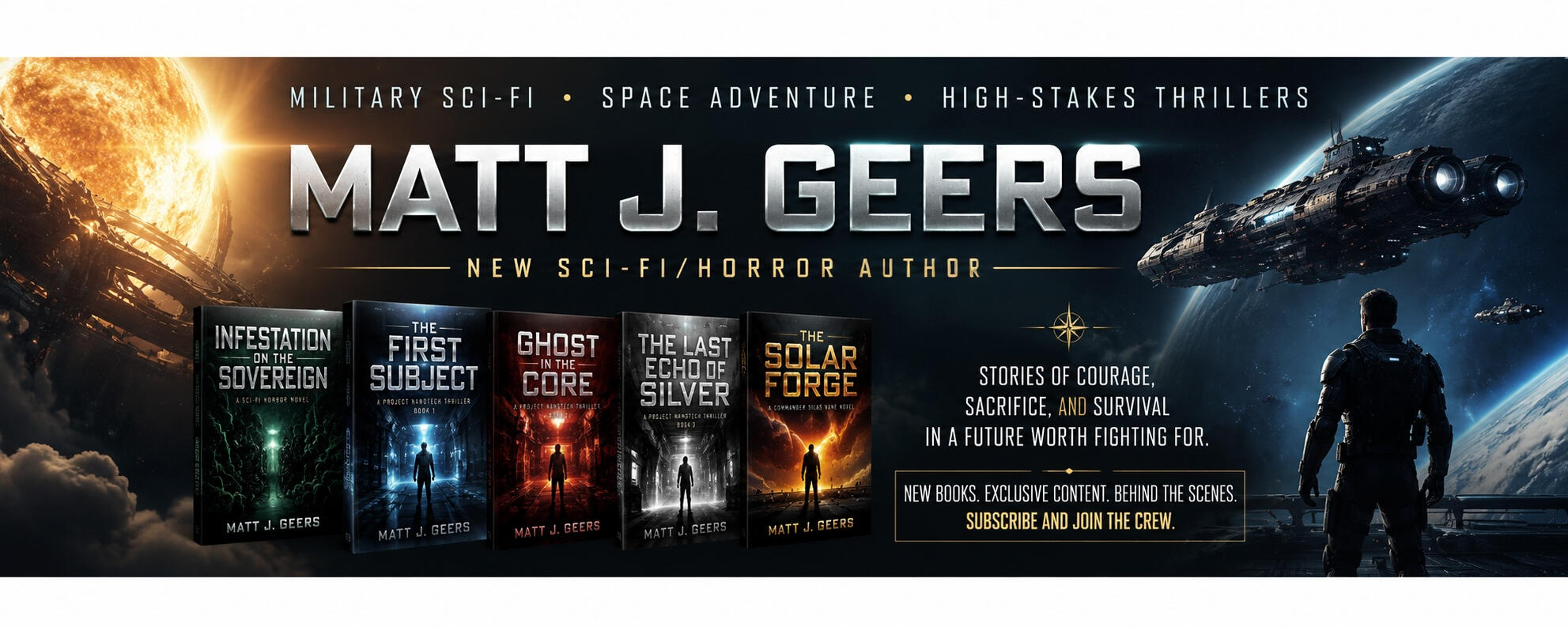 Matt J. Geers science fiction author banner Banner for sci-fi author Matt J. Geers featuring five book covers, a solar megastructure, spacecraft, and a lone figure overlooking Earth.